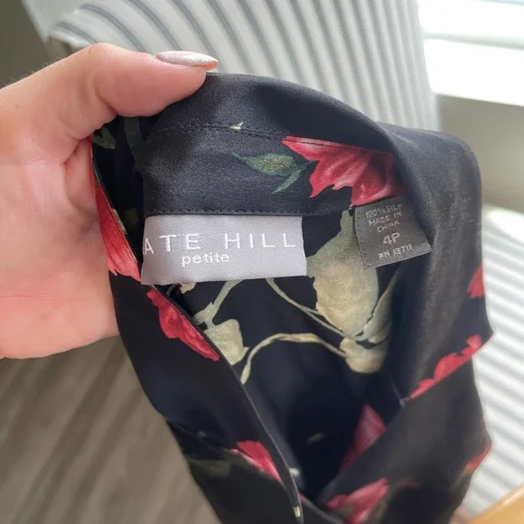 Vintage 90s Kate Hill Petite 100% Silk Floral Print Long Sleeve Blouse - Picture 3 of 9